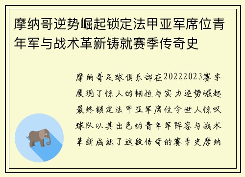 摩纳哥逆势崛起锁定法甲亚军席位青年军与战术革新铸就赛季传奇史 摩纳哥逆势崛起锁定法甲亚军席位青年军与战术革新铸就赛季传奇史